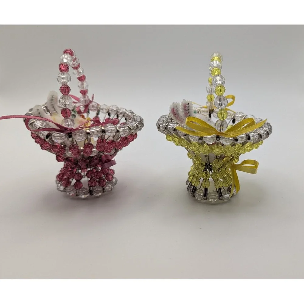 Vintage Handmade Safety Pin Beaded Easter Basket Bunny Set‎ Pink Yellow 2pc